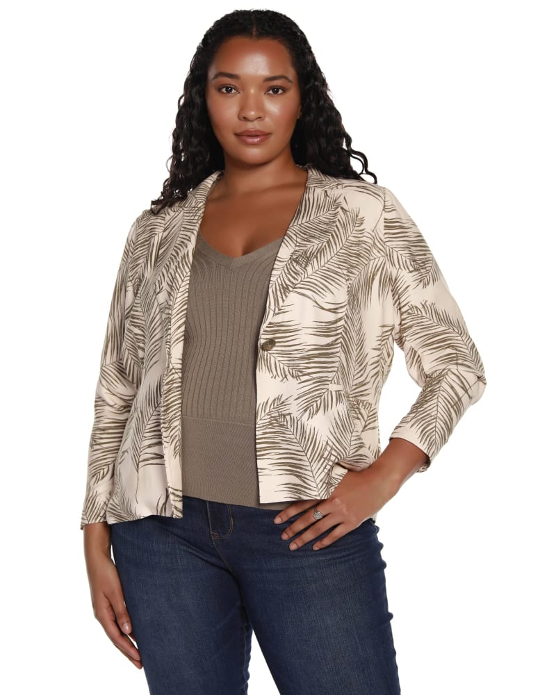 Front of a model wearing a size 1X Eliza Palm Print Blazer in Marzipan/Covert Green by Belldini Black Label. | dia_product_style_image_id:285002
